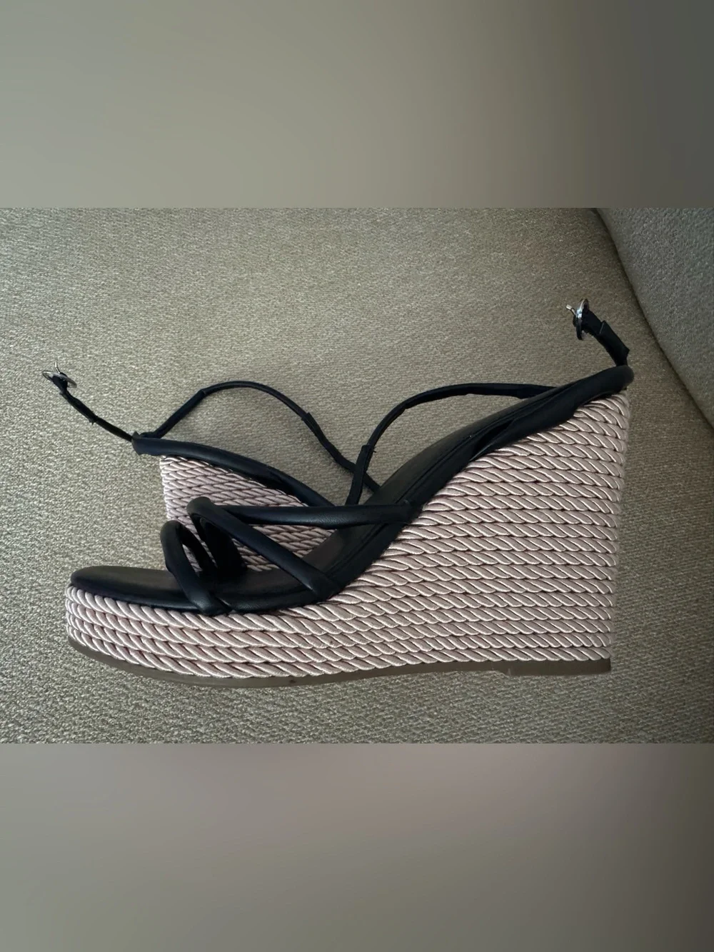 Marc Fisher Black Strappy Wedge Sandals with Blush Rope-Wrapped Platform